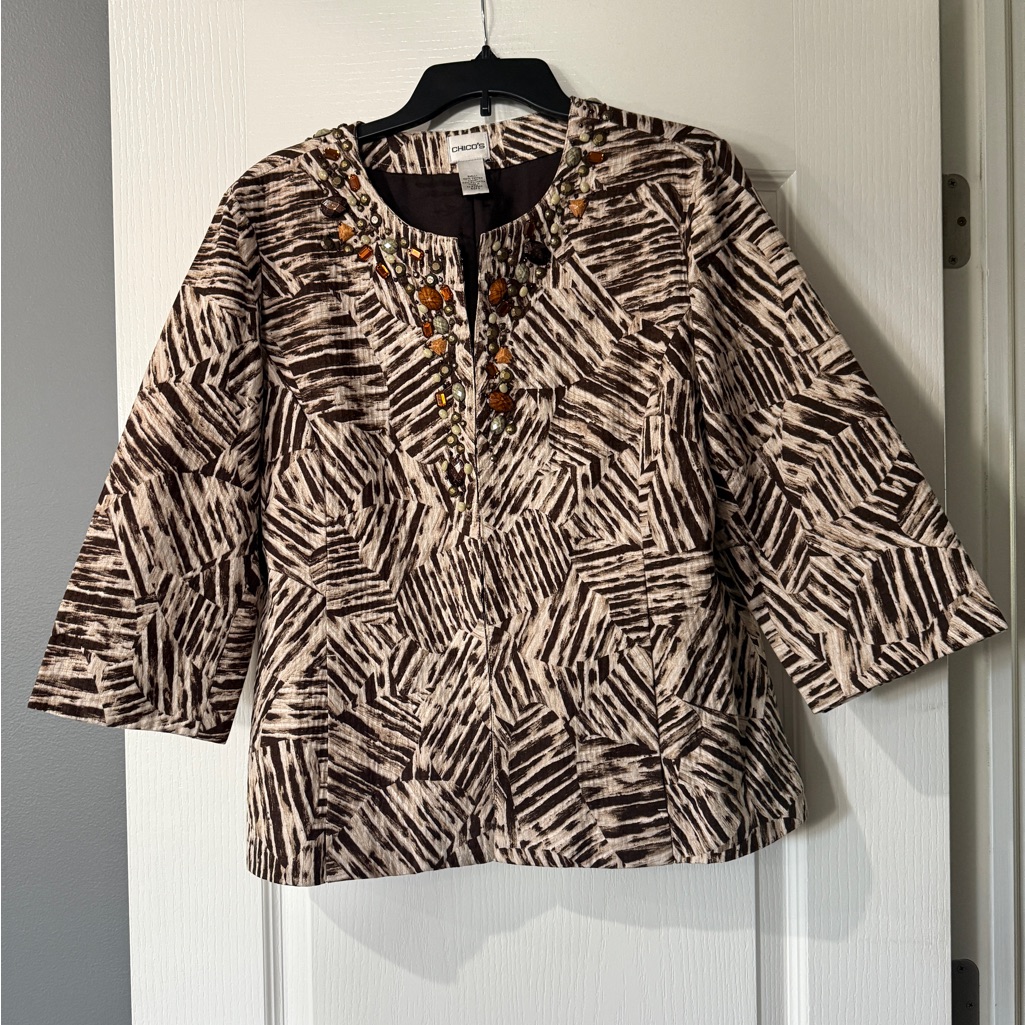 Chico’s Brown Zebrapattern Rhinestone Blazer Jacket 3/4 Sleeves Size 2
